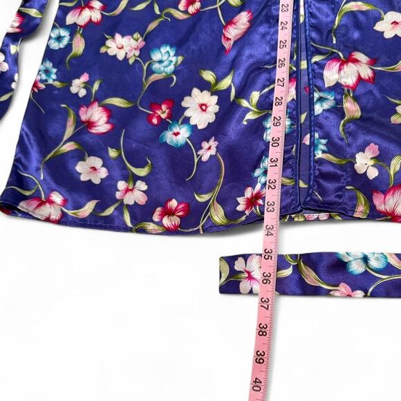 Vintage 80s Vassarette Satin Floral Kimono Robe Belted Lounge Sleepwear - Picture 8 of 8